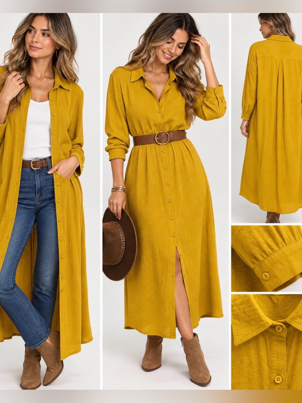 Mustard Button-Front Shirt Dress